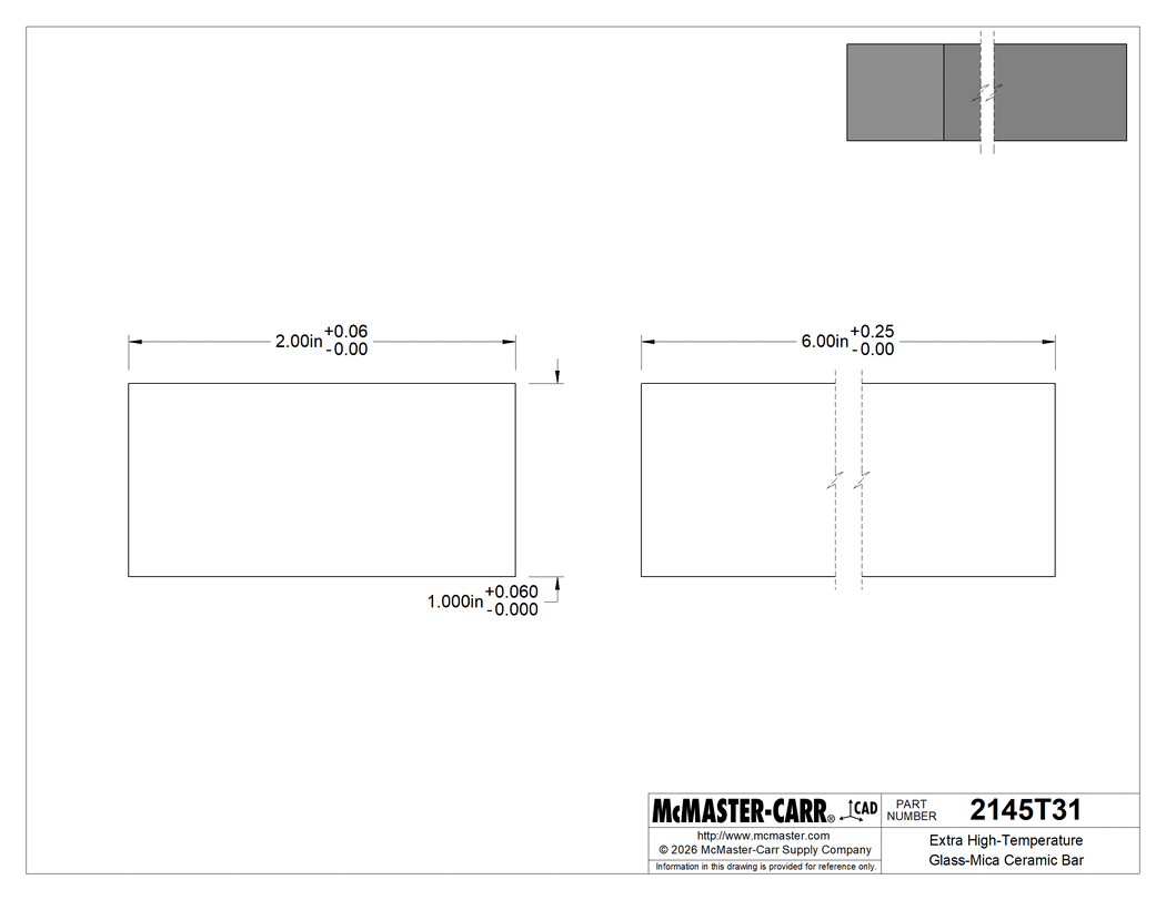 Technical Drawing of Extra High-Temperature Glass-Mica Ceramic Bar, Easy-Machine, 2" x 6", 1" Thick.